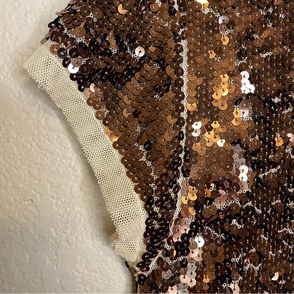 Ann Taylor LOFT Bronze and Cream Sequin Mesh Cap Sleeve Top Size Medium - Picture 10 of 13